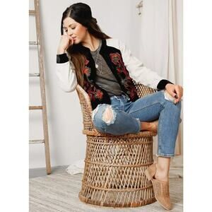 Gimmicks Women’s M Black Velvet Floral Embroidered Long Sleeve Bomber Jacket